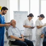 In un luminoso studio medico, due operatori sanitari in camice blu e due infermiere in bianco visitano due pazienti anziani seduti comodamente sulle poltrone.