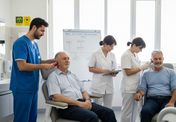 In un luminoso studio medico, due operatori sanitari in camice blu e due infermiere in bianco visitano due pazienti anziani seduti comodamente sulle poltrone.