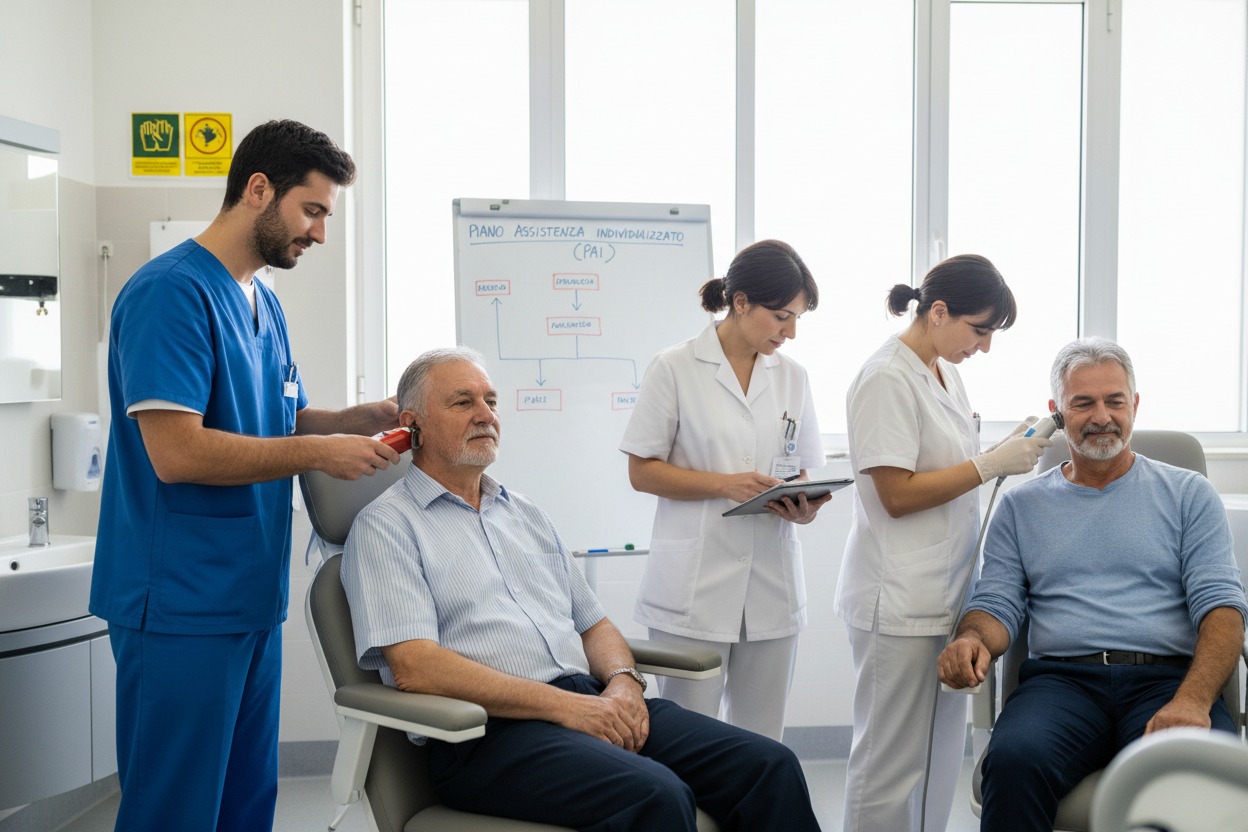 In un luminoso studio medico, due operatori sanitari in camice blu e due infermiere in bianco visitano due pazienti anziani seduti comodamente sulle poltrone.
