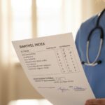 Un operatore sanitario in divisa blu e stetoscopio regge un modulo compilato dell'Indice di Barthel.