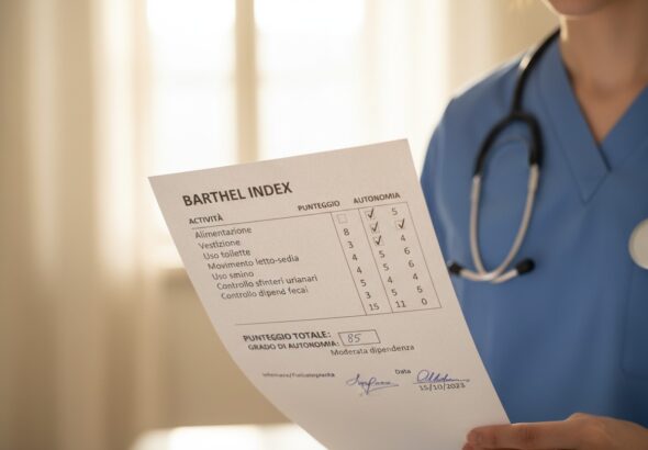 Un operatore sanitario in divisa blu e stetoscopio regge un modulo compilato dell'Indice di Barthel.