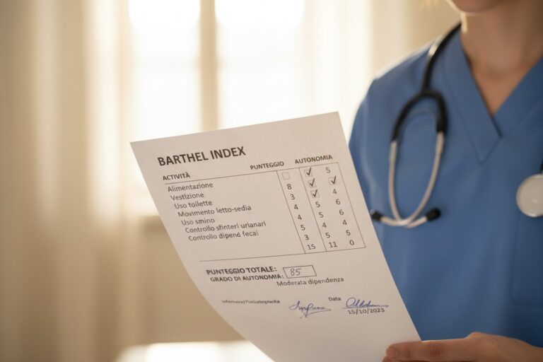 Un operatore sanitario in divisa blu e stetoscopio regge un modulo compilato dell'Indice di Barthel.