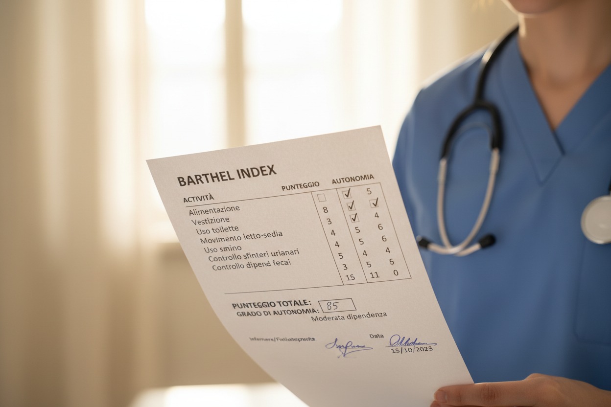 Un operatore sanitario in divisa blu e stetoscopio regge un modulo compilato dell'Indice di Barthel.