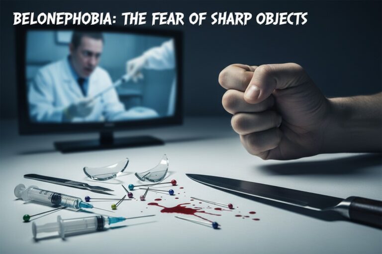Un pugno chiuso si solleva su un tavolo dove sono disposti oggetti appuntiti come siringhe, spilli, un coltello, frammenti di vetro e una macchia di sangue, con sullo sfondo un monitor che mostra un medico con una siringa.