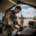 Un medico militare assiste un paziente sdraiato su una barella all'interno di una tenda medica da campo.