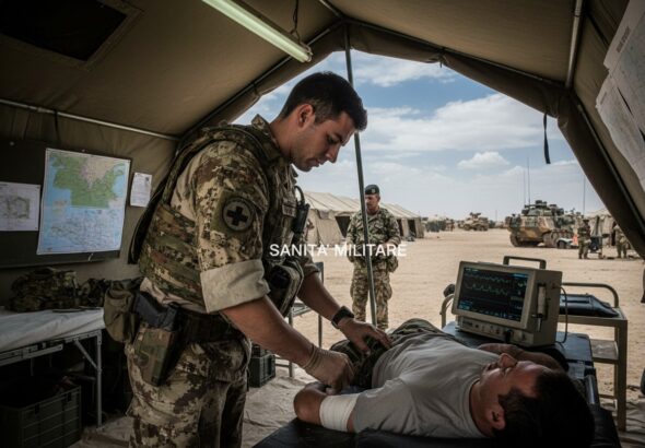 Un medico militare assiste un paziente sdraiato su una barella all'interno di una tenda medica da campo.