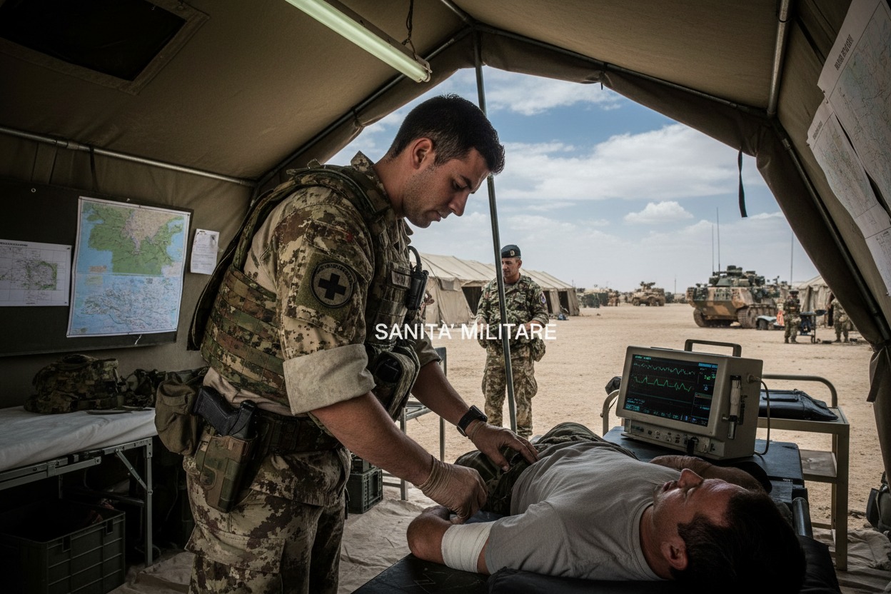 Un medico militare assiste un paziente sdraiato su una barella all'interno di una tenda medica da campo.