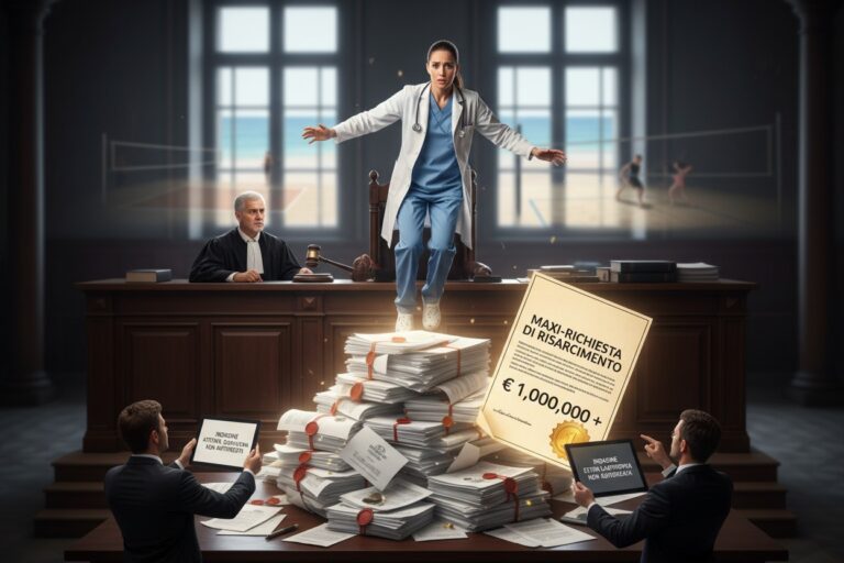 Un medico in camice bianco è in bilico sopra una grande pila di documenti in un'aula di tribunale, con un giudice sullo sfondo e avvocati ai lati.