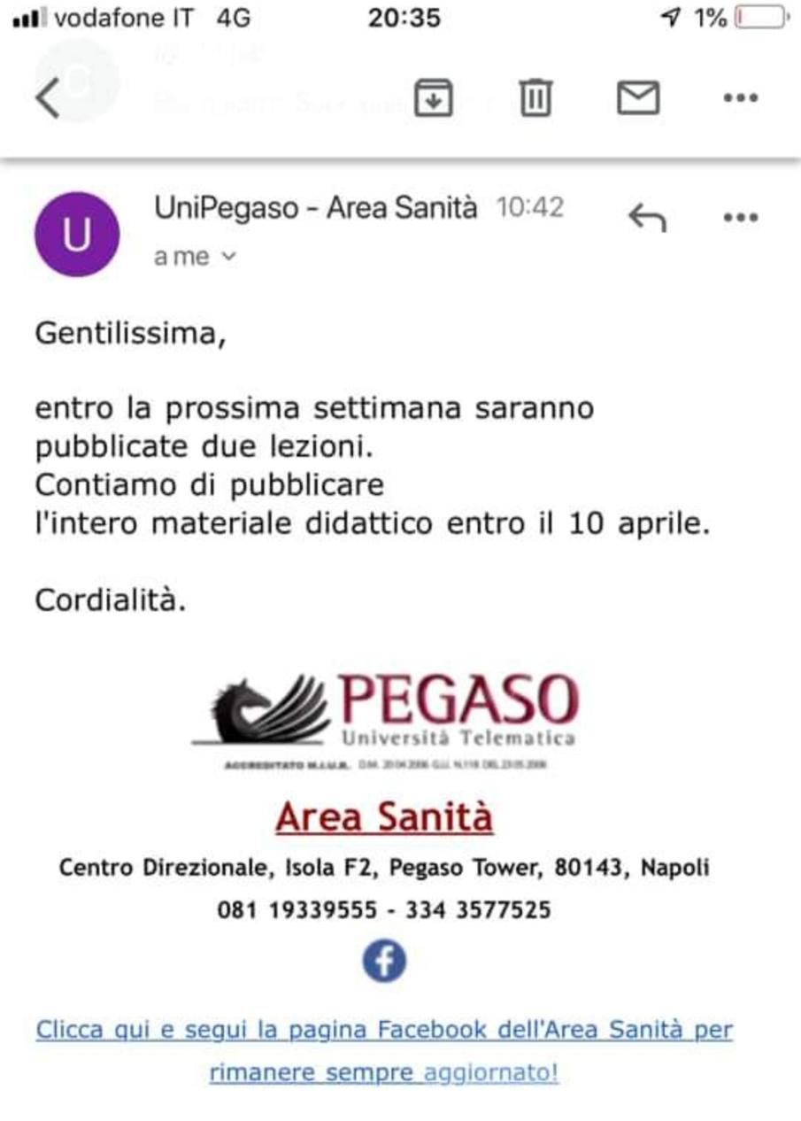 La comunicazione di scuse di UniPegaso, che annuncia la presenza delle lezioni on line a partire dal 10 aprile 2019.