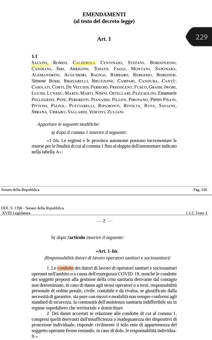 L'emendamento al DL Cura Italia della Lega, con primo firmatario Matteo Salvini.