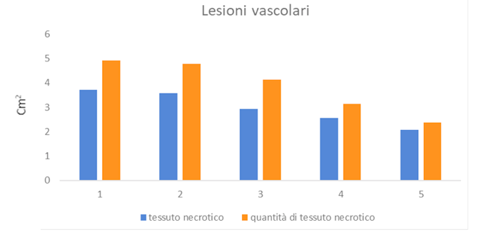 Figura 4. Valutazione delle LV nella presenza e quantità di tessuto necrotico dalla visita 1 alla visita 5.